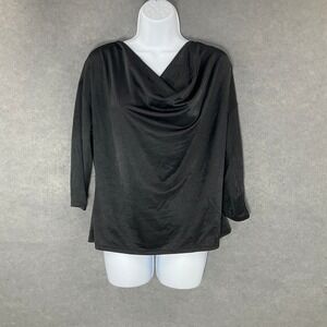 Tahari Cowl Drape Neck Blouse‎ 3/4 Sleeve Top Elegant Drape Black Size M